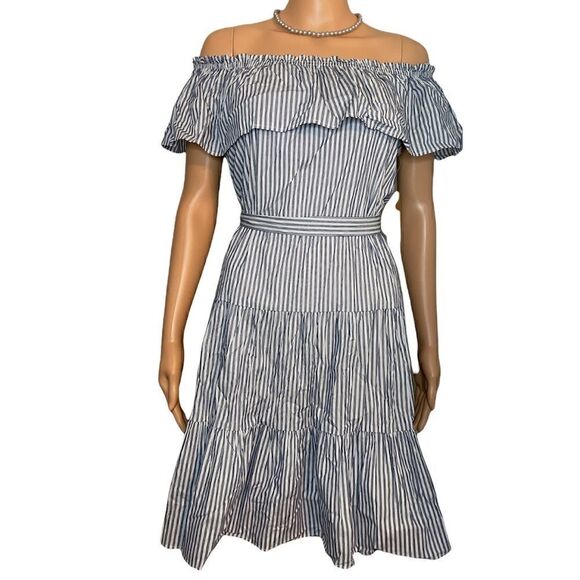 CREMIEUX Off The Shoulder Blue and White Pinstriped Dress - Picture 2 of 14